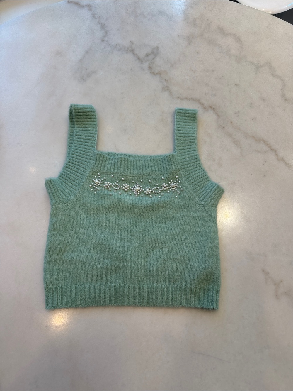 Zara Mint Green Knit Pearl-Embellished Crop Tank